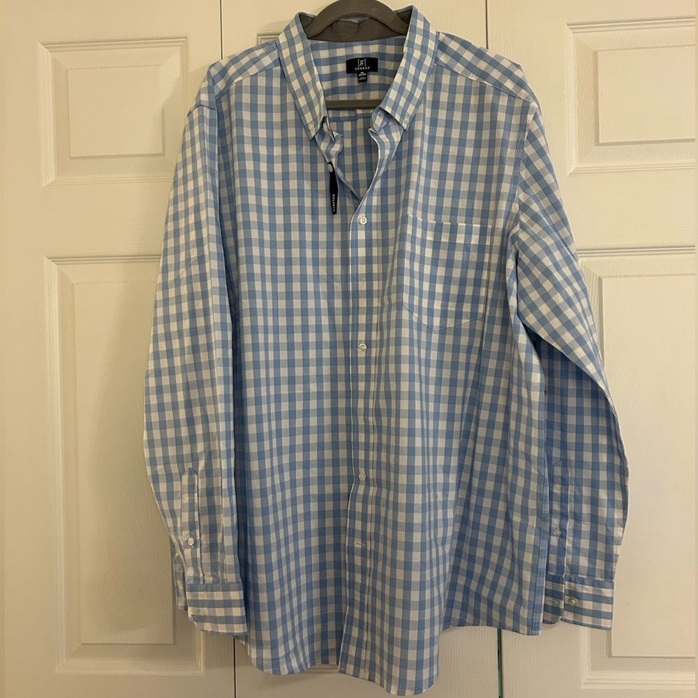 BNWT Men’s Size 3XL Light Blue White Checkered Pattern Button Down Long Sleeve